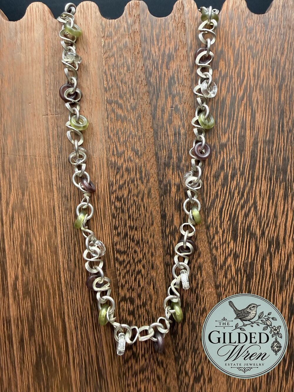 Handcrafted 925 Sterling Silver Artisan Link Necklace Resin Rings 17” 32.84g